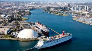 The Carnival Airship flies over the Queen Mary and the cruise ship Carnival Imagination in Long Beach on Thursday, January 10, 2019 to mark the upcoming arrival of Carnival Cruise Lineís newest ship, the Carnival Panorama. It will be the first Carnival ship to homeport in California in 20 years. Itís expected to arrive in Long Beach in December. (Photo by Leonard Ortiz, Orange County Register/SCNG)